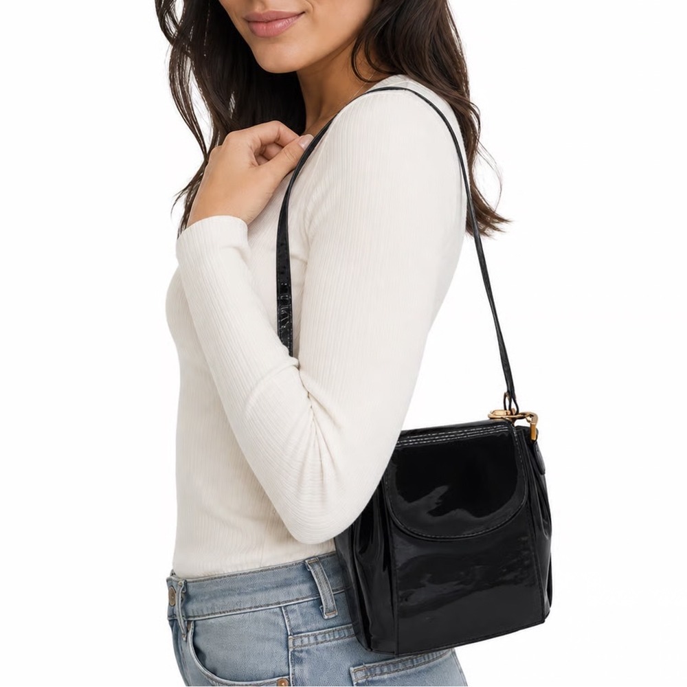 Casual Corner Handbag Womens Small Vintage Black Patent Crossbody Gold Excellent